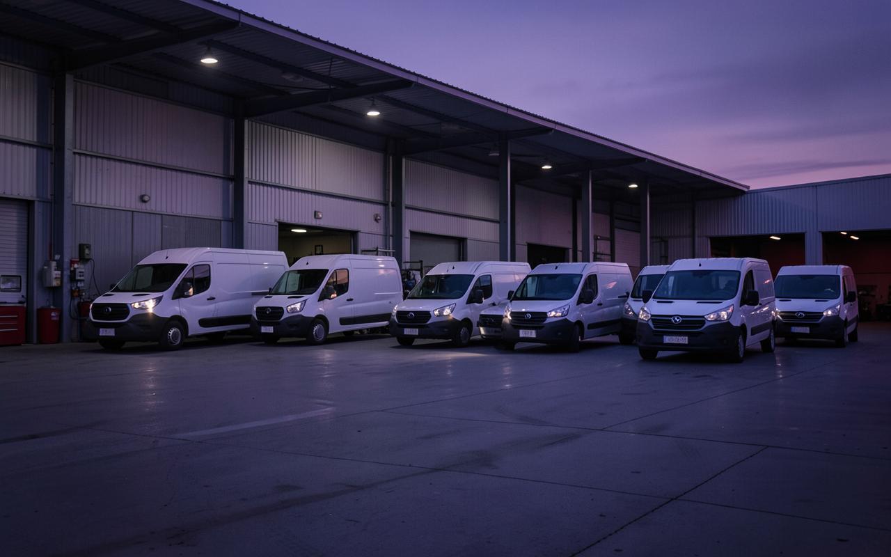 Row of commercial vans parked outside a workshop at dusk