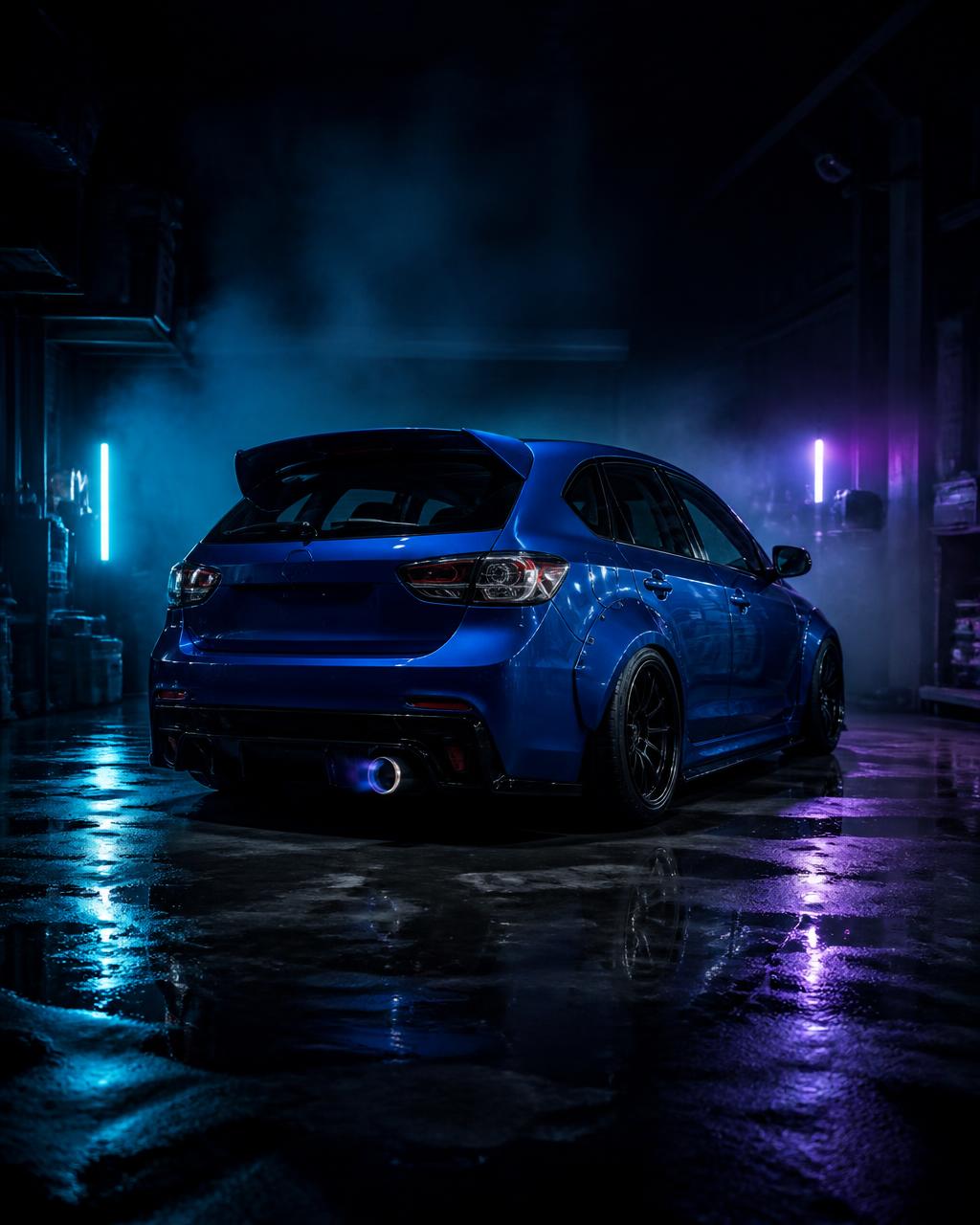 Modified blue performance hatchback lit by cyan and violet light in a dark workshop