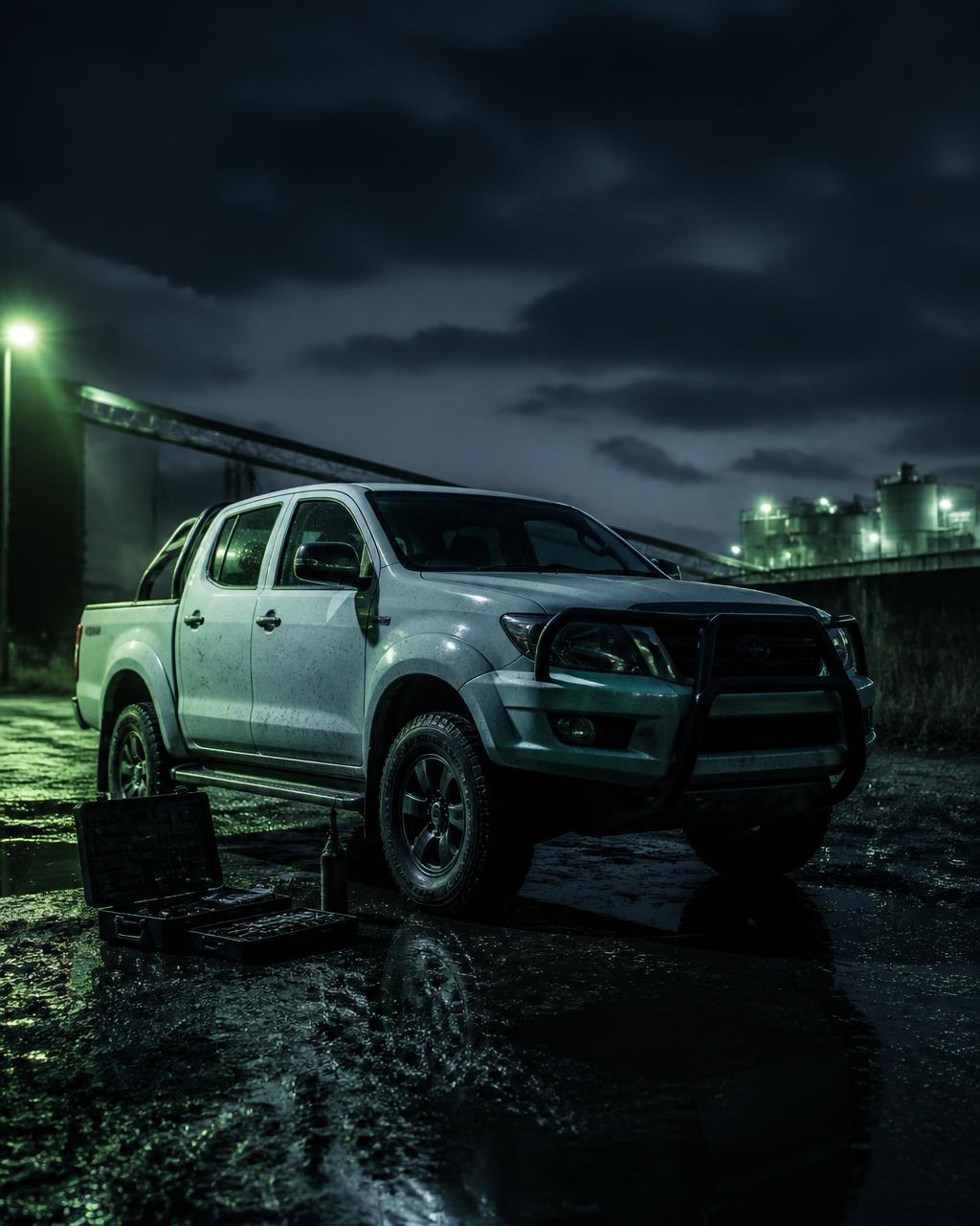 Double-cab bakkie at night with a mobile mechanic's tool case beside it