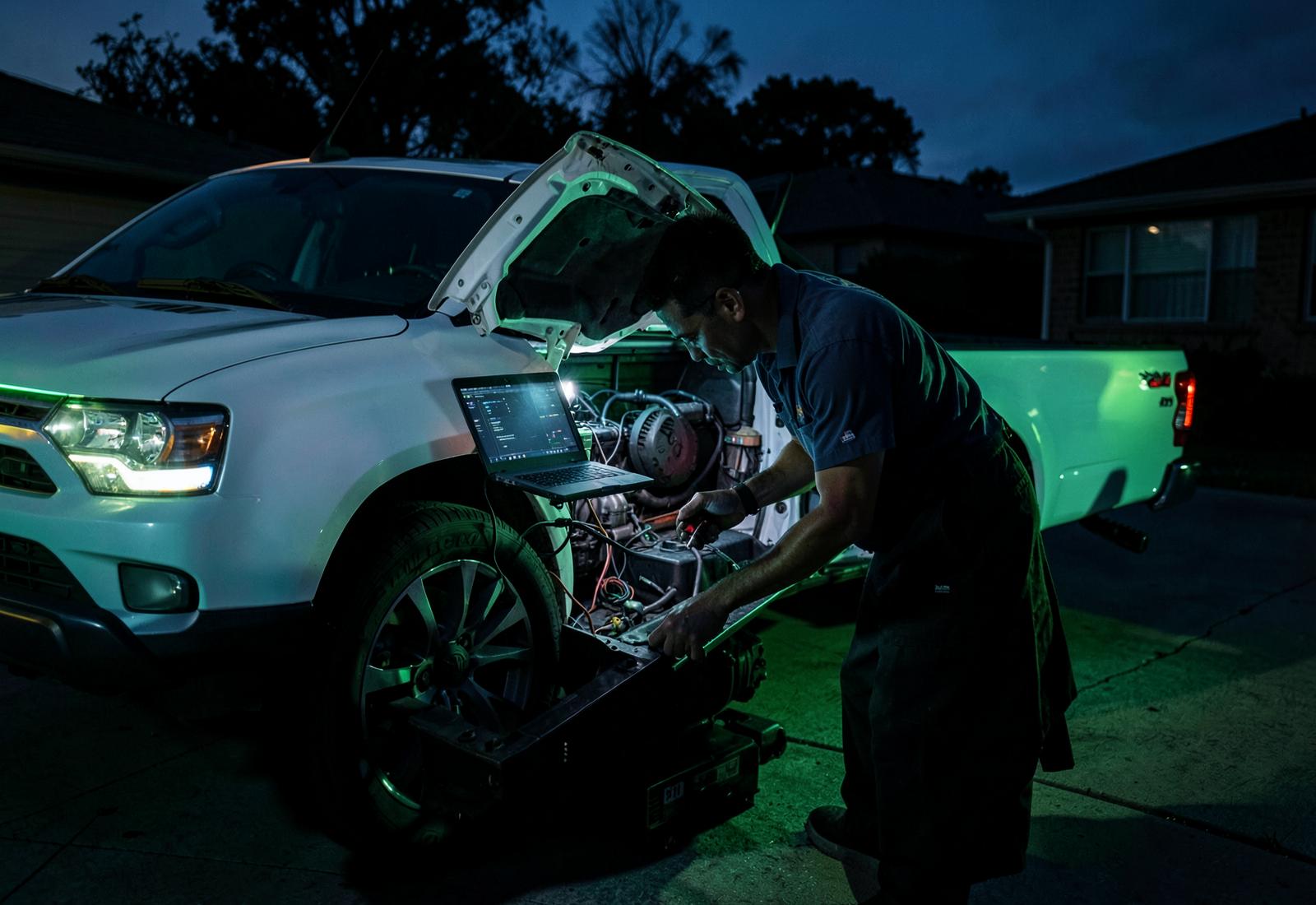 Mobile mechanic working on a vehicle on site