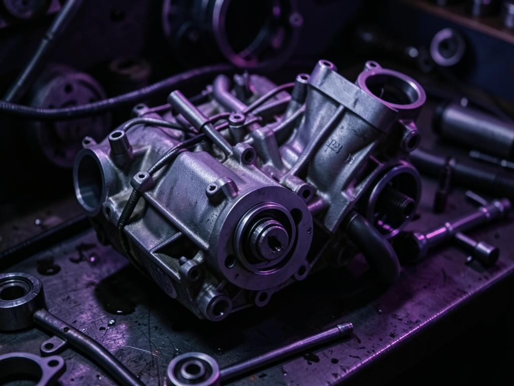 Engine components stripped for reconditioning on a workbench